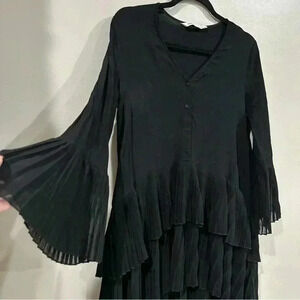 Zara Women Black Long Layered Accordion Pleated Chiffon Blouse Top Tunic Size S